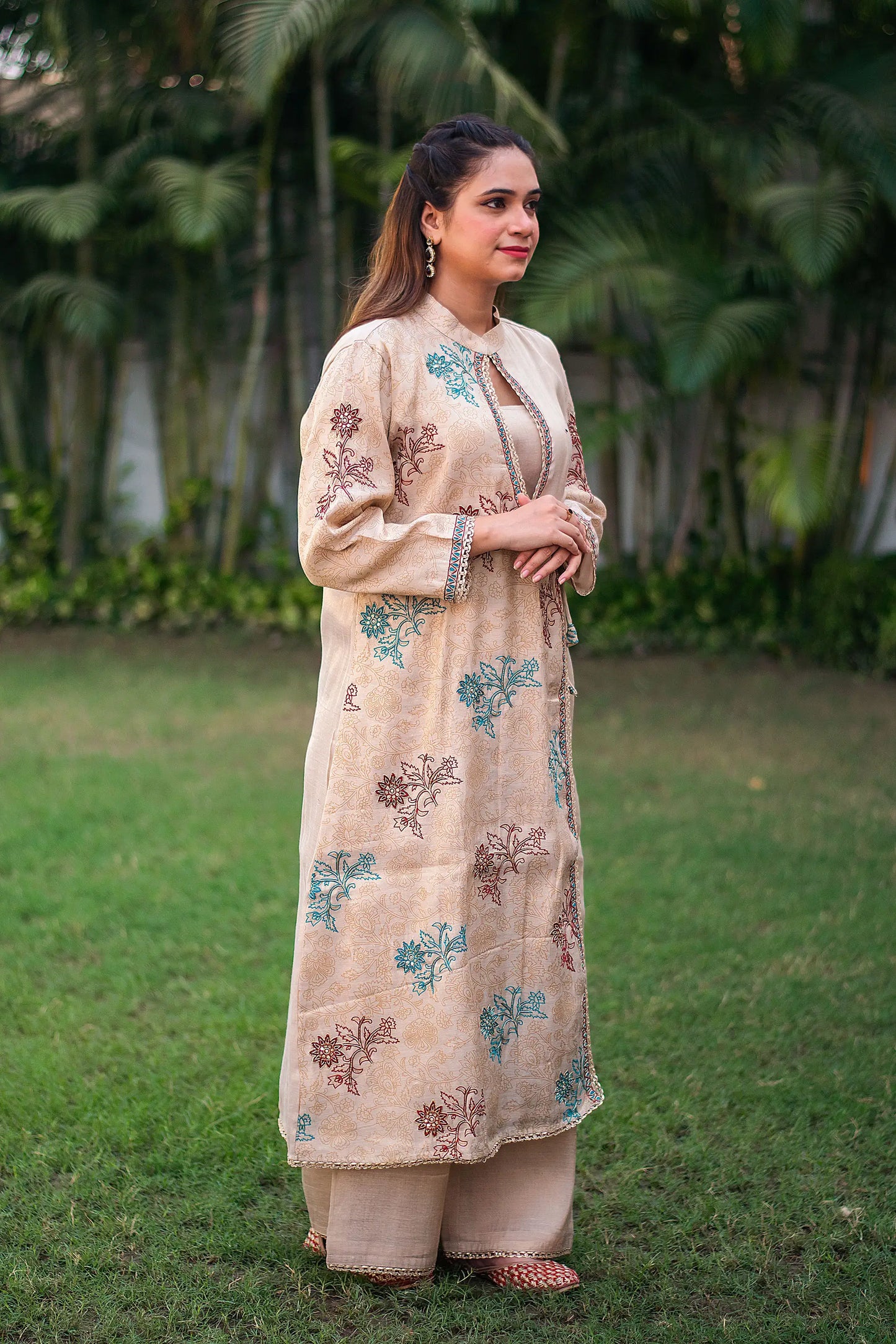 Beige angrakha kurta, palazzo and tissue dupatta with hand embroidery