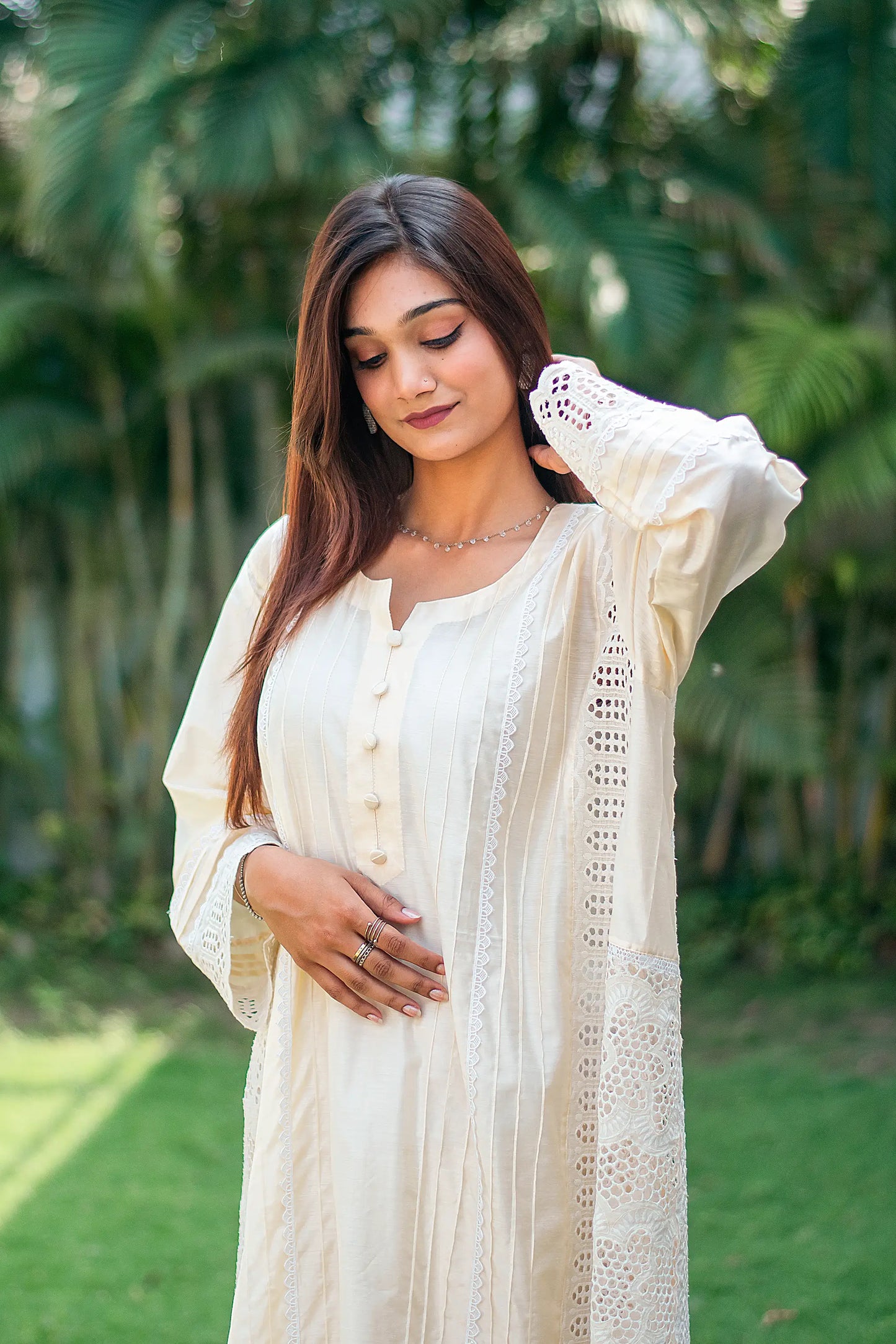 Off white cotton silk pintuck kurta, trousers and dupatta with schiffli work