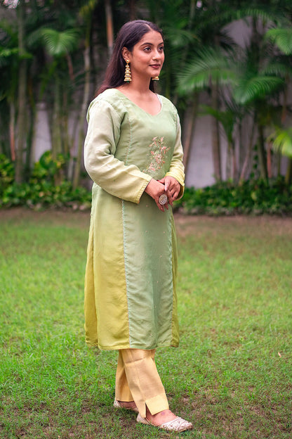 Green ombre organza kurta, green chiffon dupatta & golden trousers with zardozi work