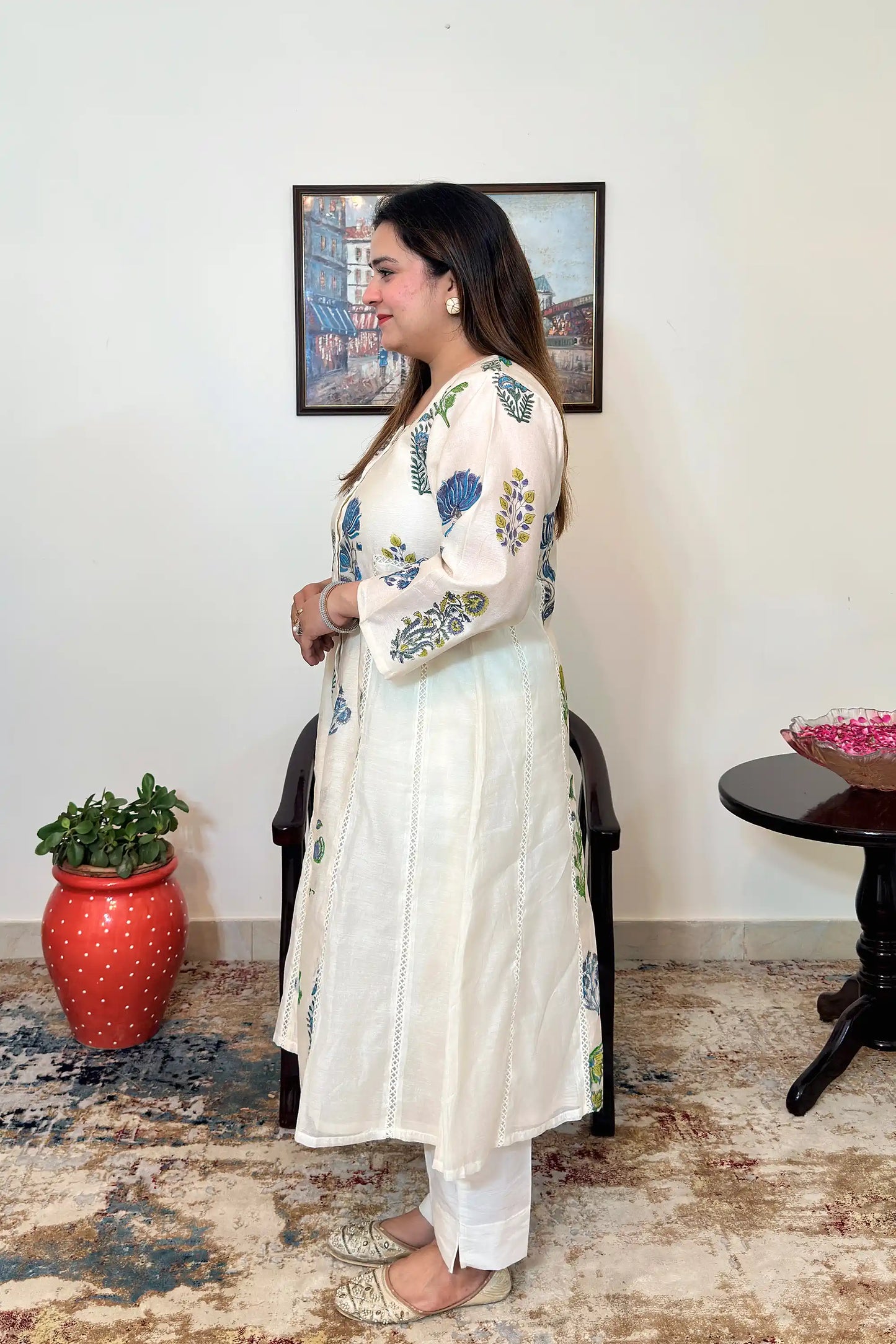 Off-white chanderi A-line kurta and dupatta with blue-green floral hand embroidery and off-white trousers