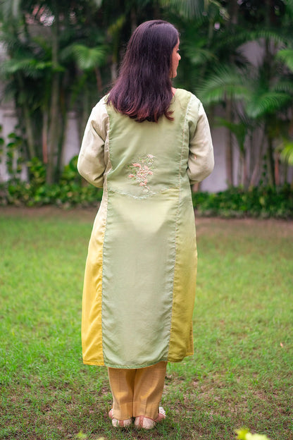 Green ombre organza kurta, green chiffon dupatta & golden trousers with zardozi work