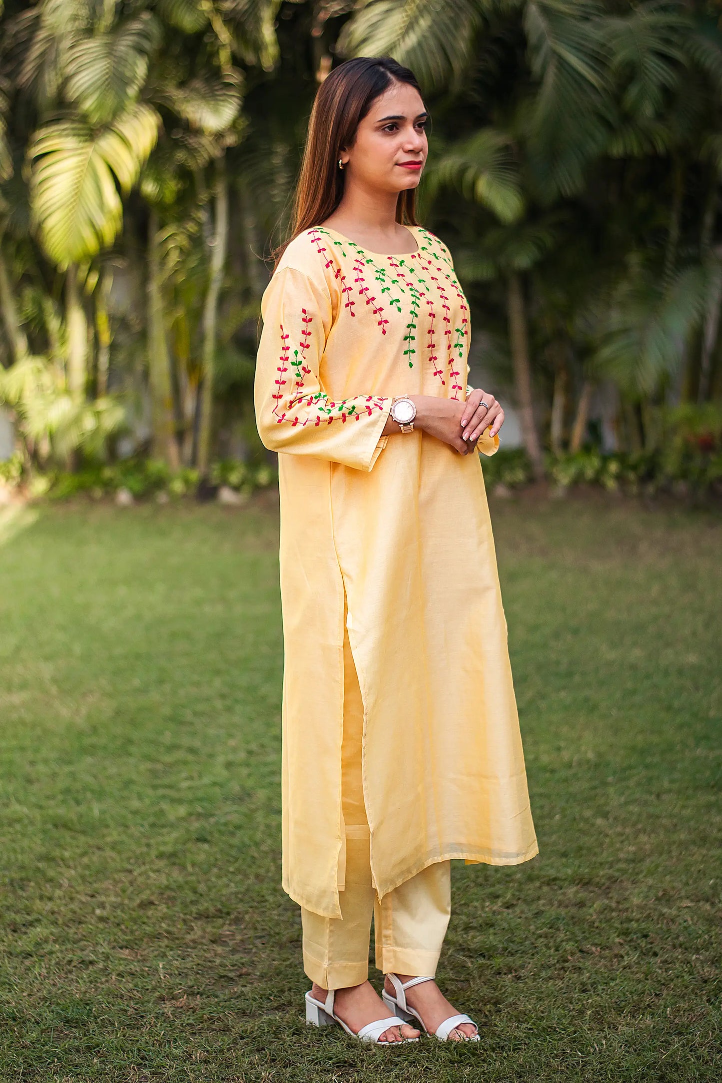 multicoloured applique work yellow chanderi kurta and dupatta with yellow trousers