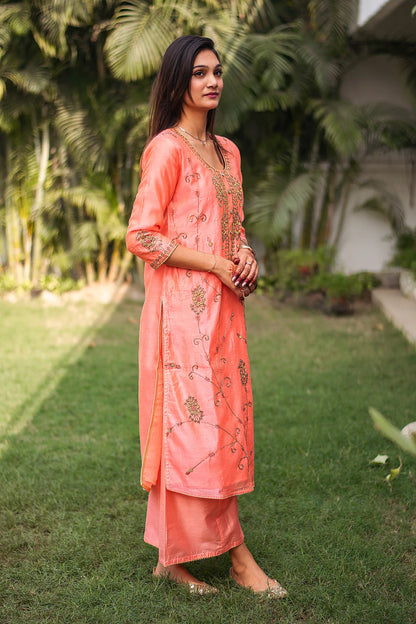 Peach chanderi zardozi work kurta and dupatta with peach palazzo