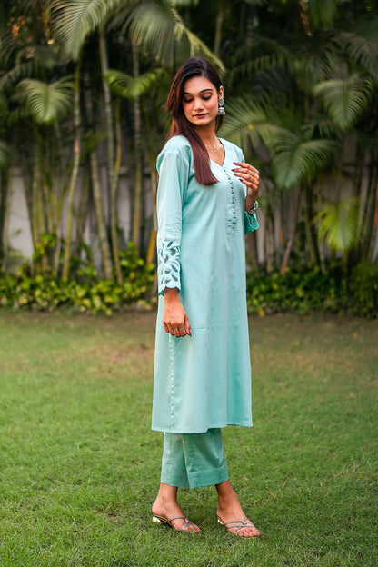 Pastel blue russian silk kurta & trousers, blue chanderi dupatta with cutwork