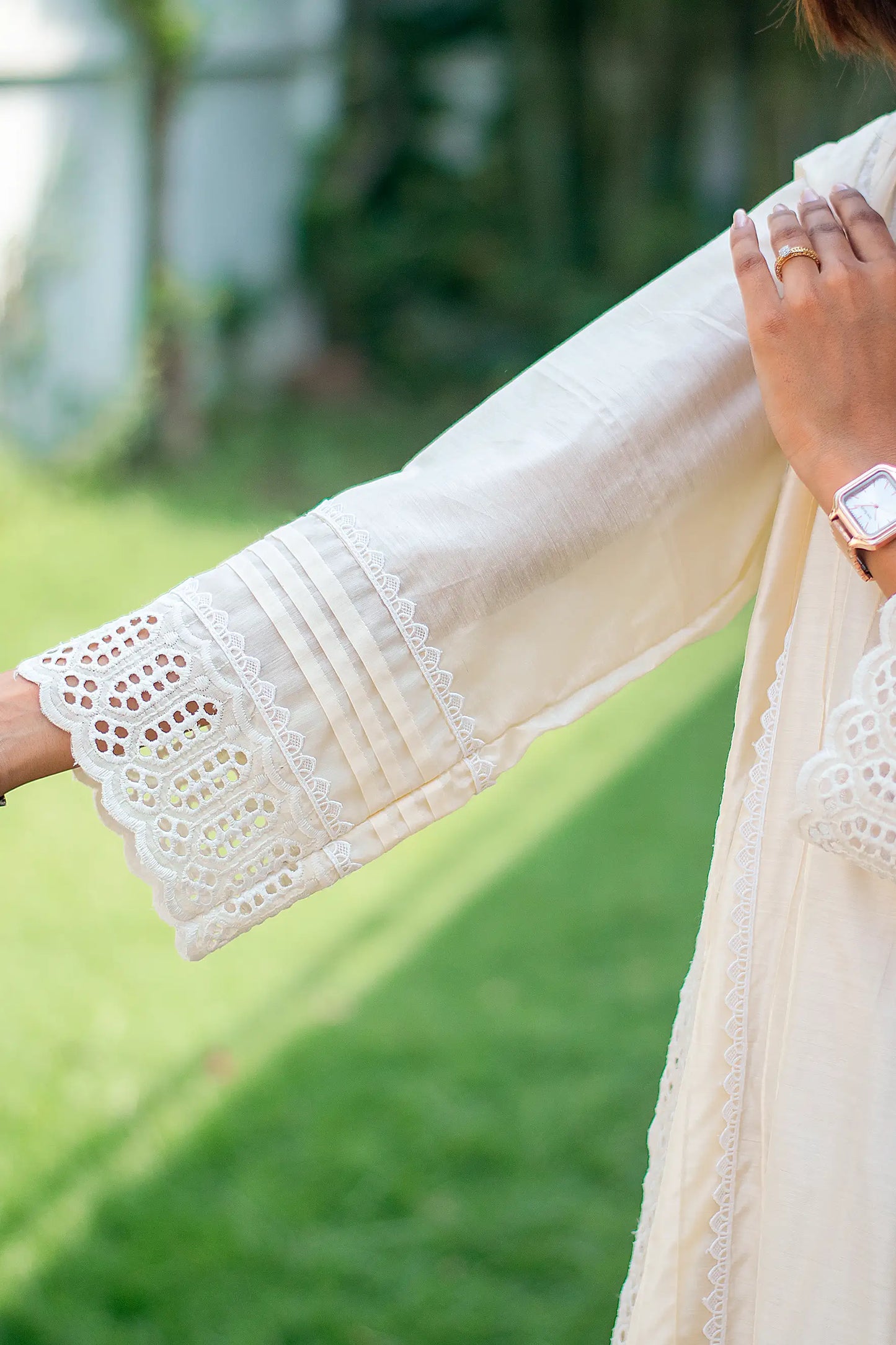 Off white cotton silk pintuck kurta, trousers and dupatta with schiffli work