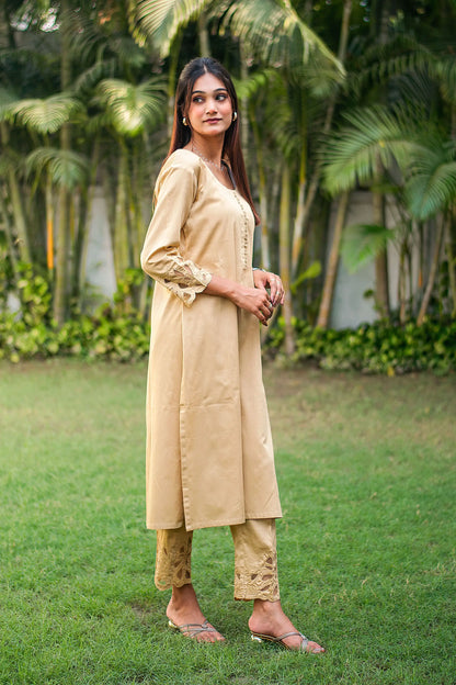 Golden russian silk kurta & trousers, golden chanderi dupatta with cutwork