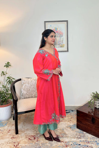 Red Chanderi Formal Wear Kurta Set with Resham Embroidery