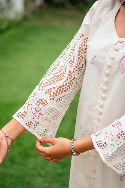 off-white cotton schiffli front-open kurti, dupatta with embroidery and off-white trousers