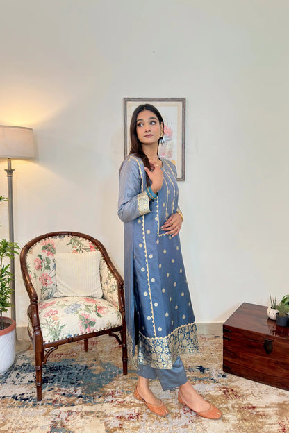 Grey Banarasi Silk Party Wear Kurta Set with applique work