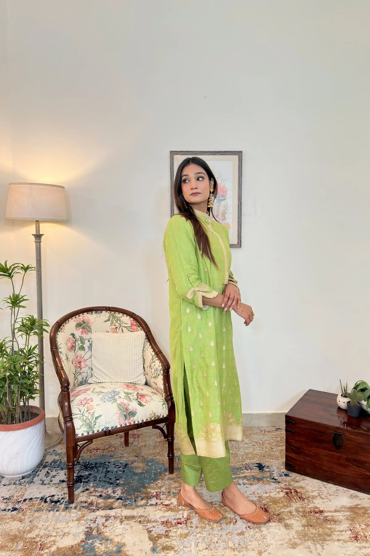 Green Zari Woven Linen Formal Wear Kurta Set