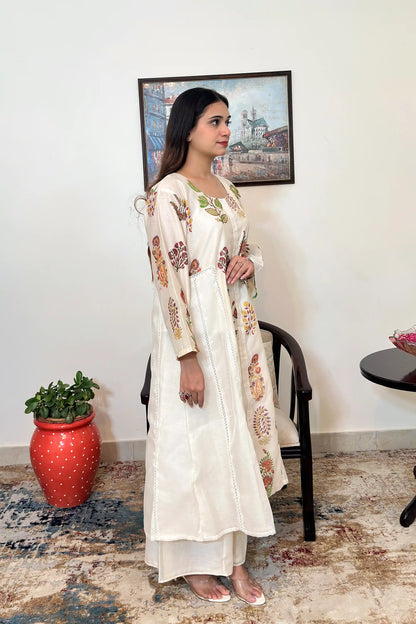 Off-white chanderi A-line kurta and dupatta with multicolour floral hand embroidery and off-white palazzo