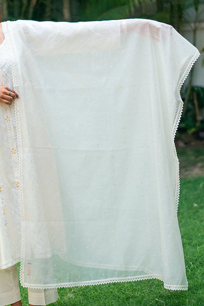 Off white chanderi kurta, dupatta & trousers with embroidery & applique work