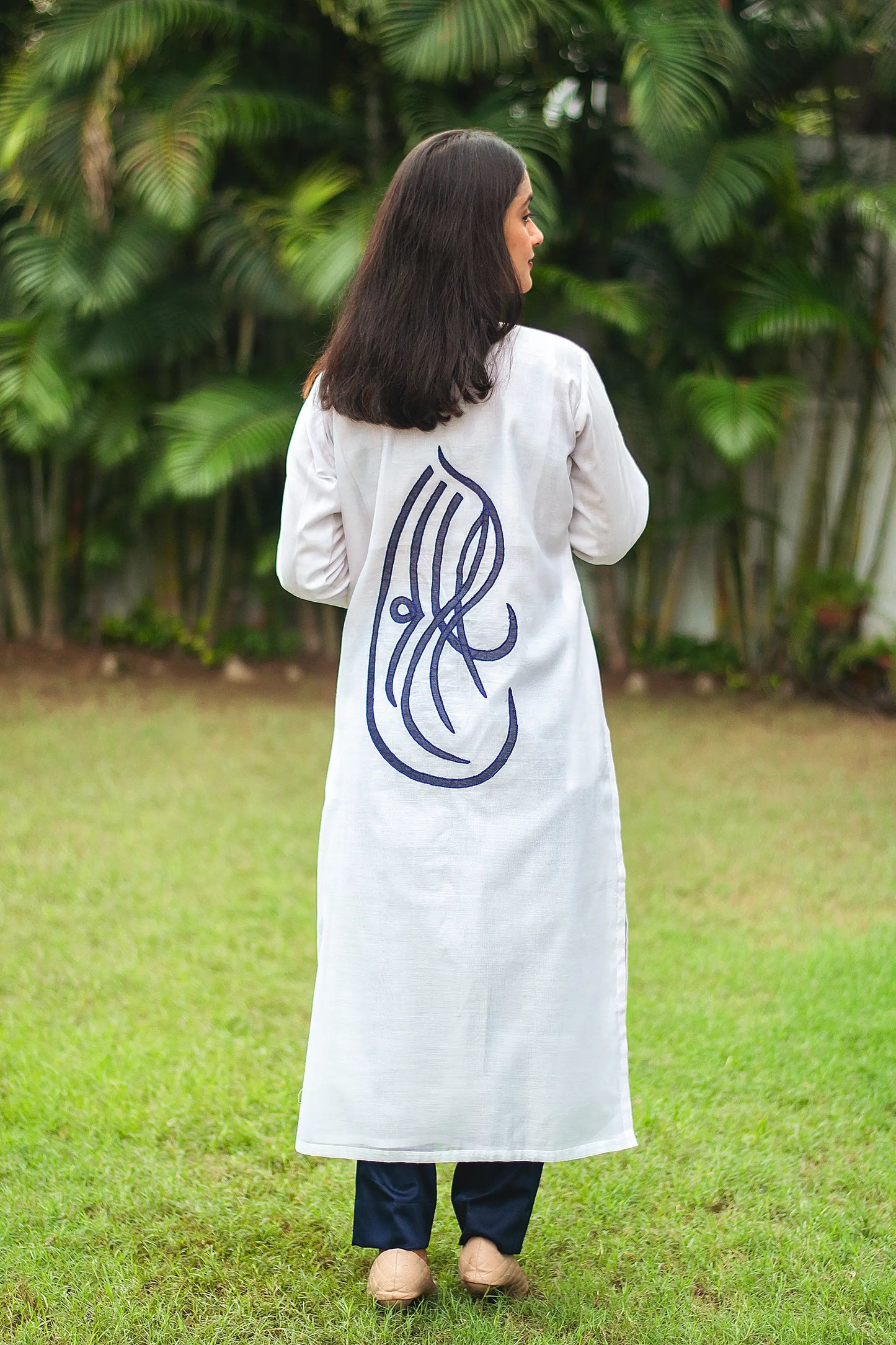 White chanderi patchwork kurta and dupatta with navy blue trousers