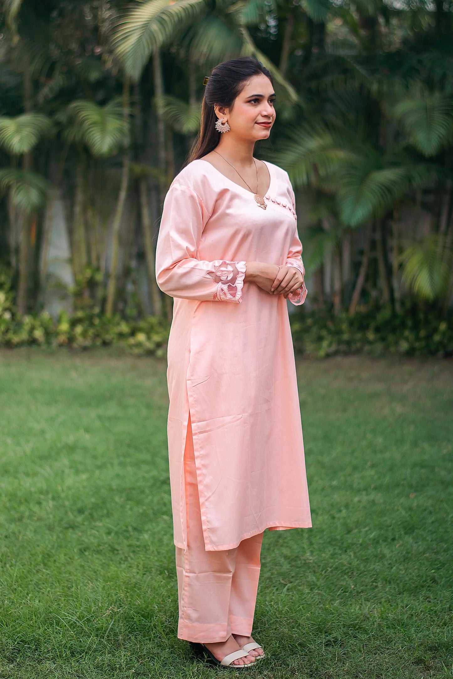 Pastel peach russian silk kurta & trousers, peach chanderi dupatta with cutwork