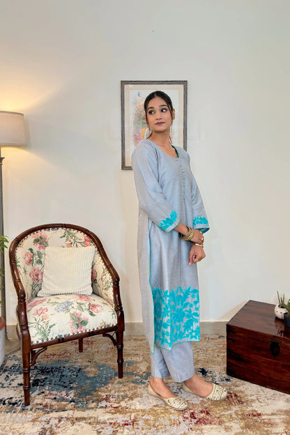 Grey Staple Tussar Patchwork Kurta Set Formal Wear with Green Dupatta