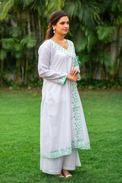 White Chanderi Green floral Applique Kurta Set