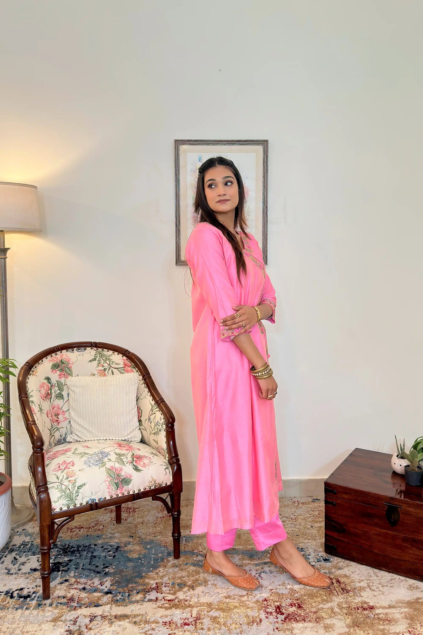 Pink Chanderi Resham Embroidered Angarkha Formal Wear Suit