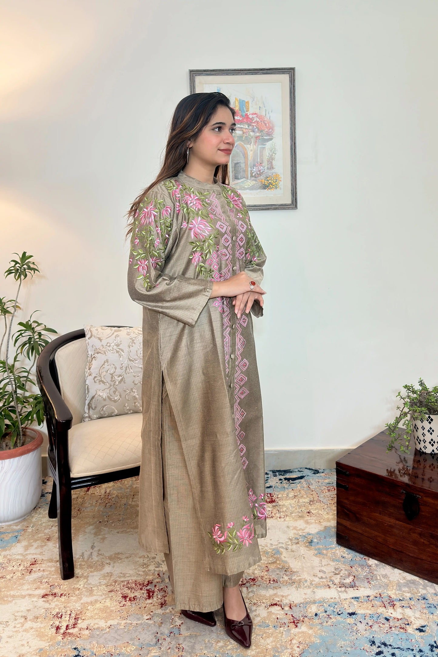 Taupe Chanderi Formal Wear Kurta Set with Resham Embroidery