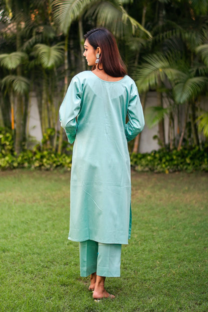 Pastel blue russian silk kurta & trousers, blue chanderi dupatta with cutwork