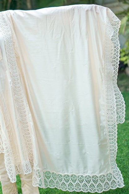 Off white cotton silk pintuck kurta, trousers and dupatta with schiffli work