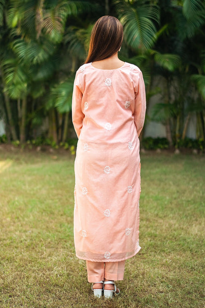 Peach resham embroidered cotton kurta and dupatta with peach trousers