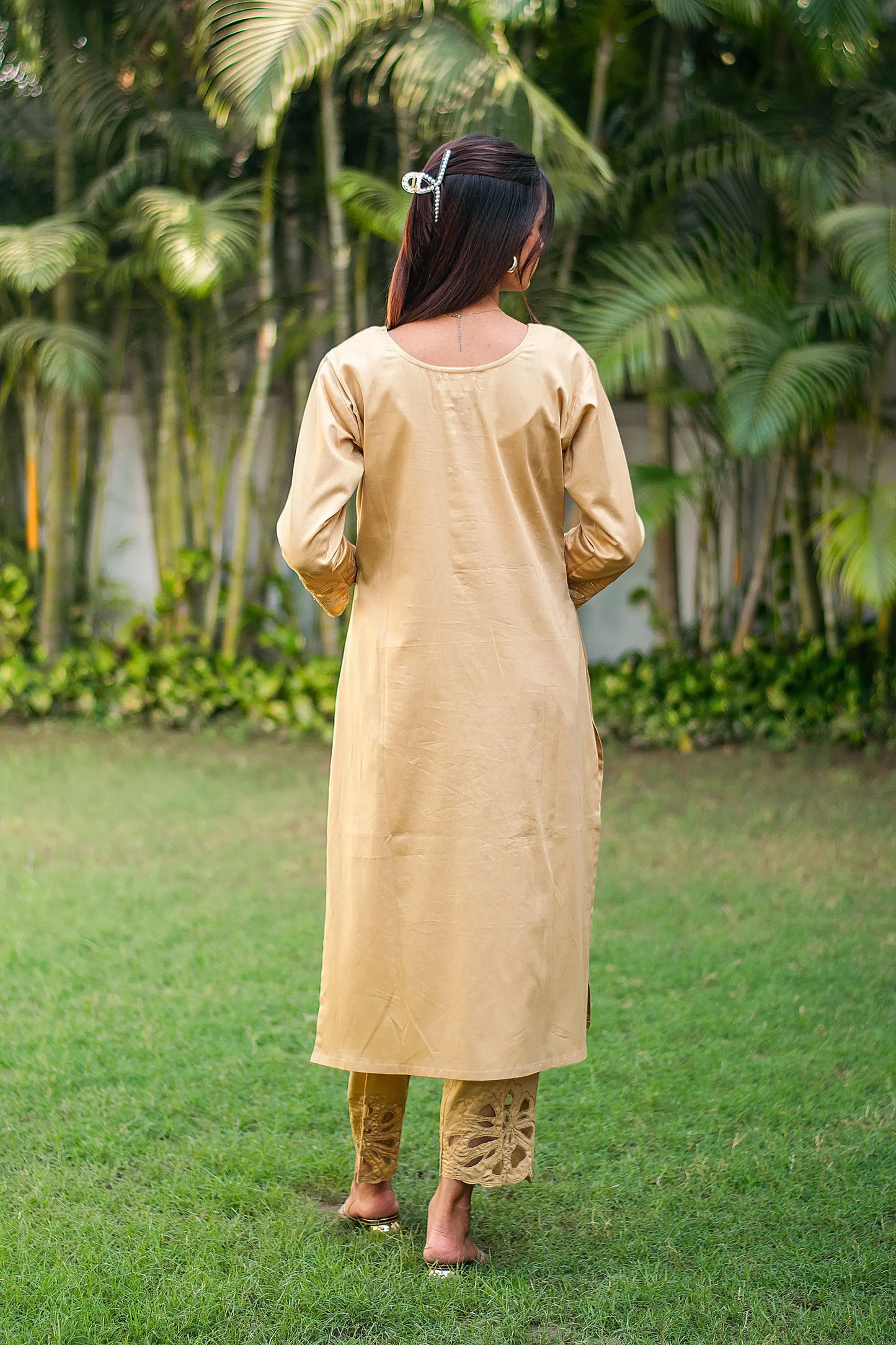 Golden russian silk kurta & trousers, golden chanderi dupatta with cutwork