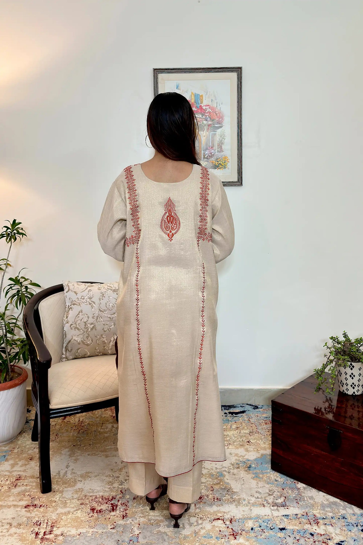 Golden Chanderi Formal Wear Kurta Set with Resham Embroidery
