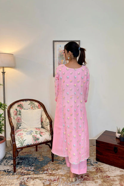 Pink Chanderi Formal Wear Kurta Set with Floral Embroidery