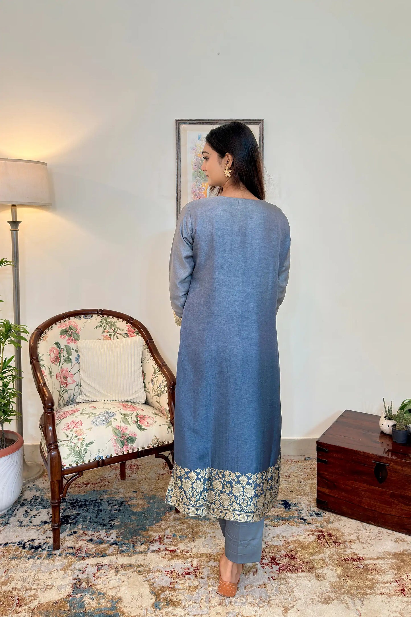 Grey Banarasi Silk Party Wear Kurta Set with applique work