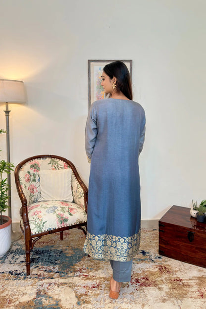 Grey Banarasi Silk Party Wear Kurta Set with applique work