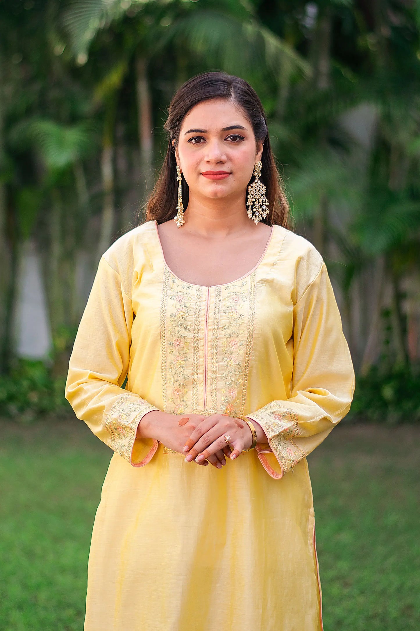 Yellow-peach chanderi kurta set with hand embroidery