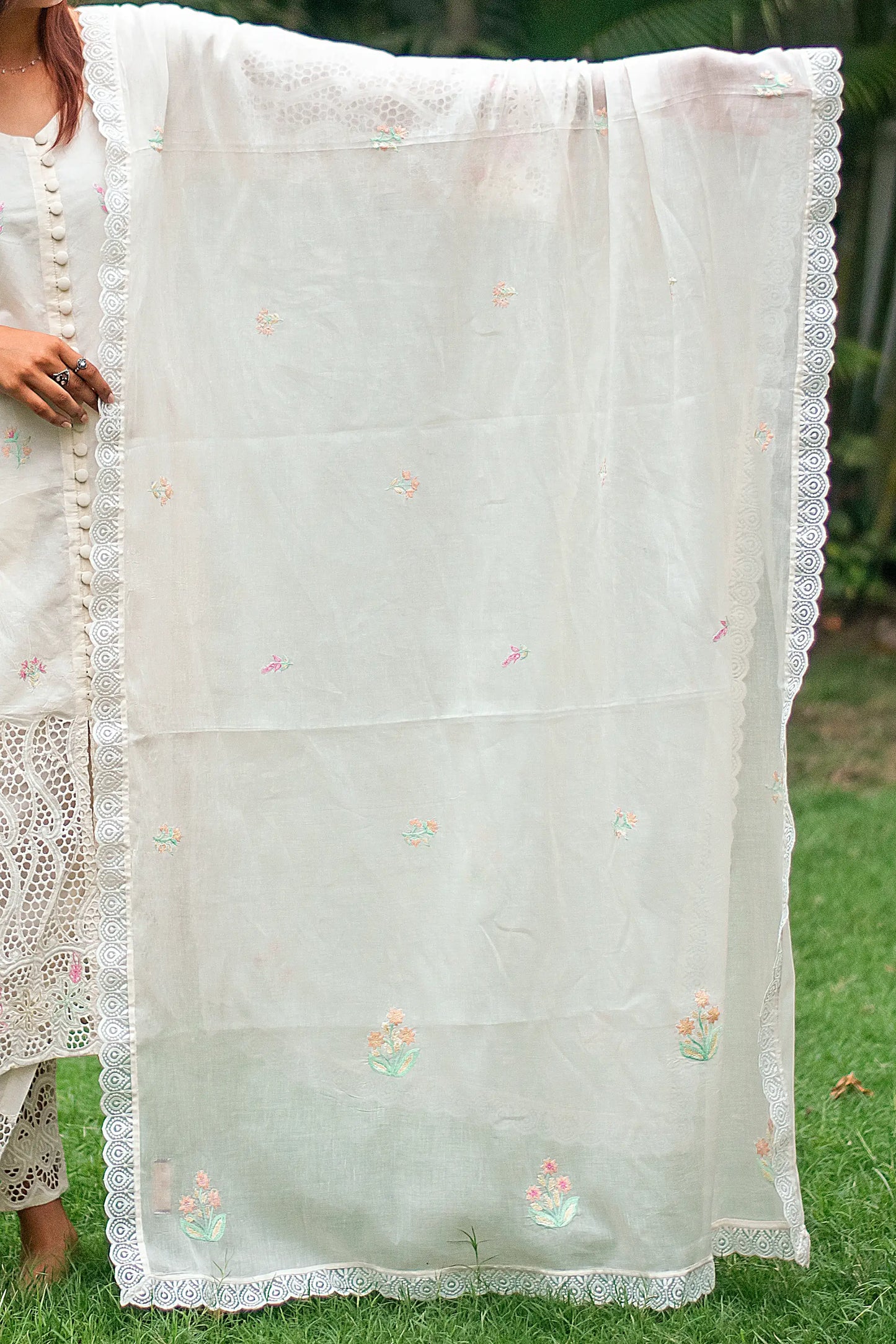 off-white cotton schiffli front-open kurti, dupatta with embroidery and off-white trousers