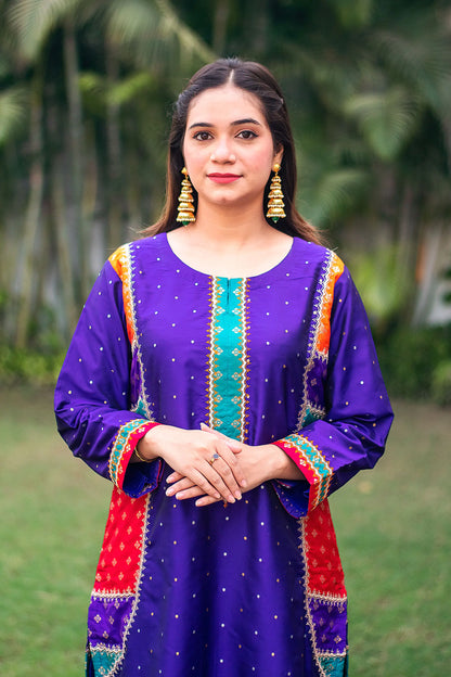 Purple silk kurta and trousers, purple chanderi dupatta with zari work