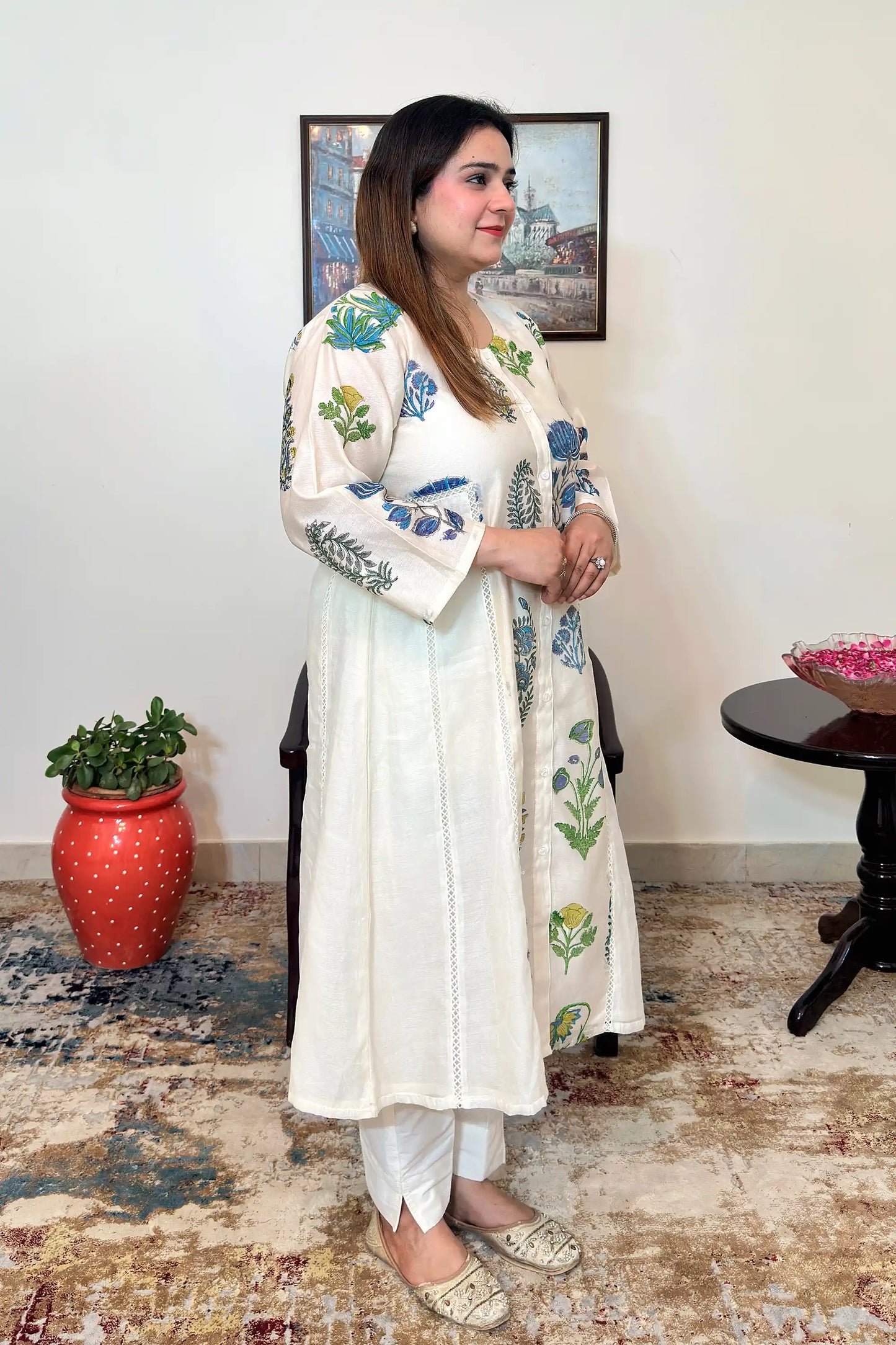 Off-white chanderi A-line kurta and dupatta with blue-green floral hand embroidery and off-white trousers