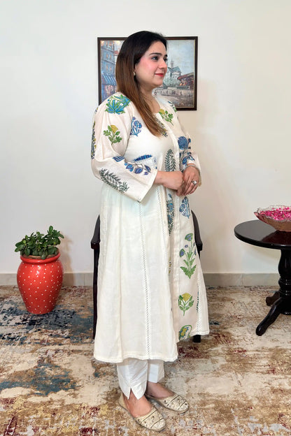 Off-white chanderi A-line kurta and dupatta with blue-green floral hand embroidery and off-white trousers