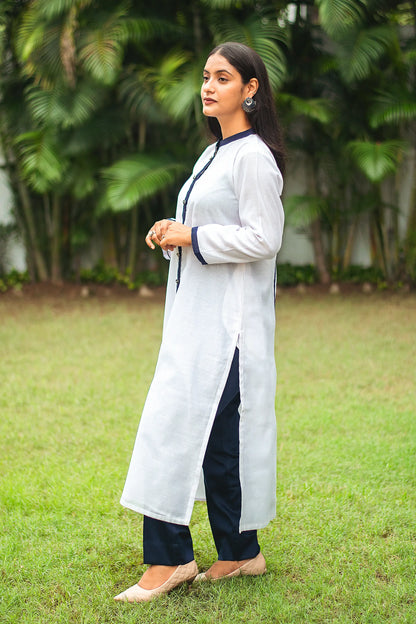 White chanderi patchwork kurta and dupatta with navy blue trousers