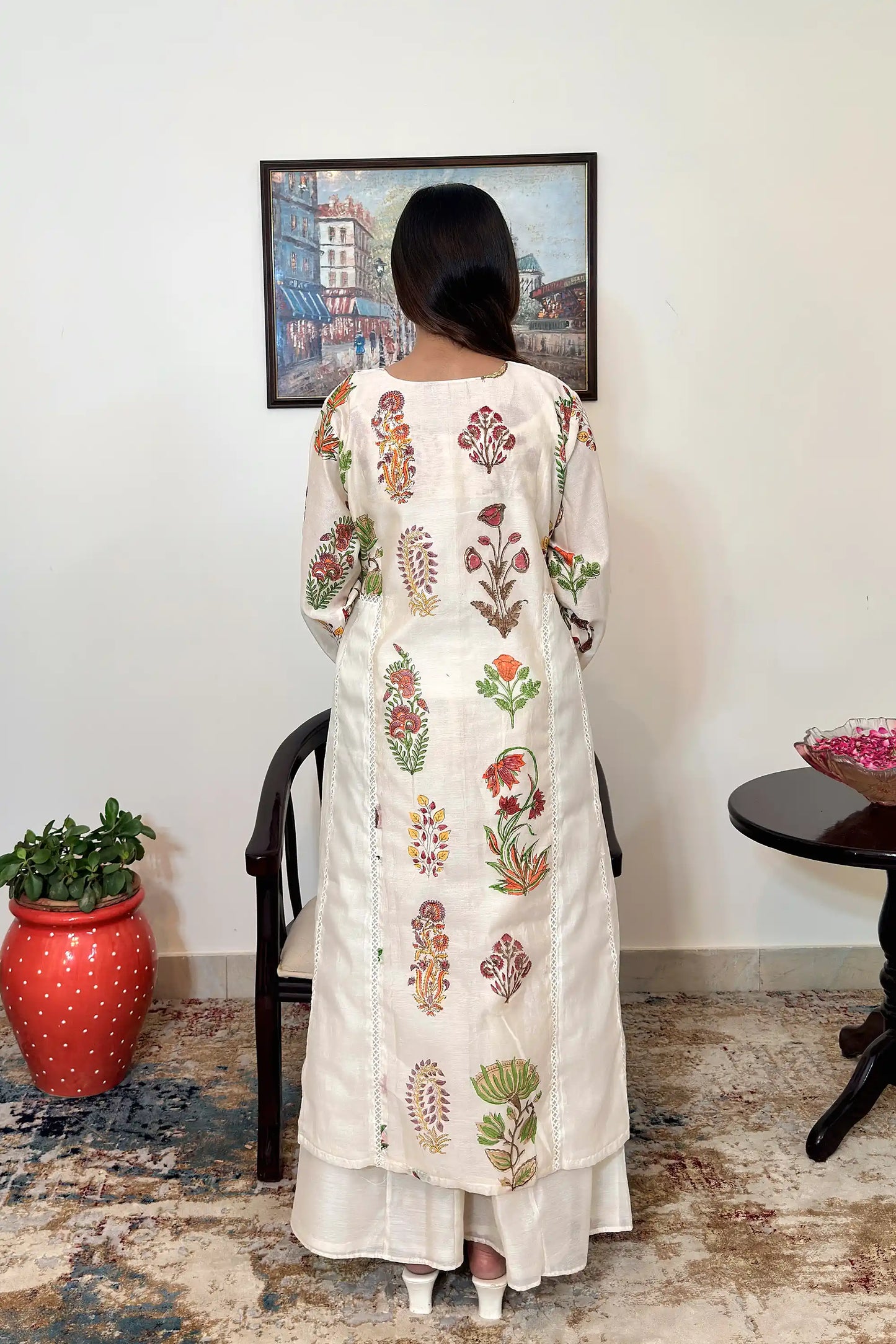Off-white chanderi A-line kurta and dupatta with multicolour floral hand embroidery and off-white palazzo
