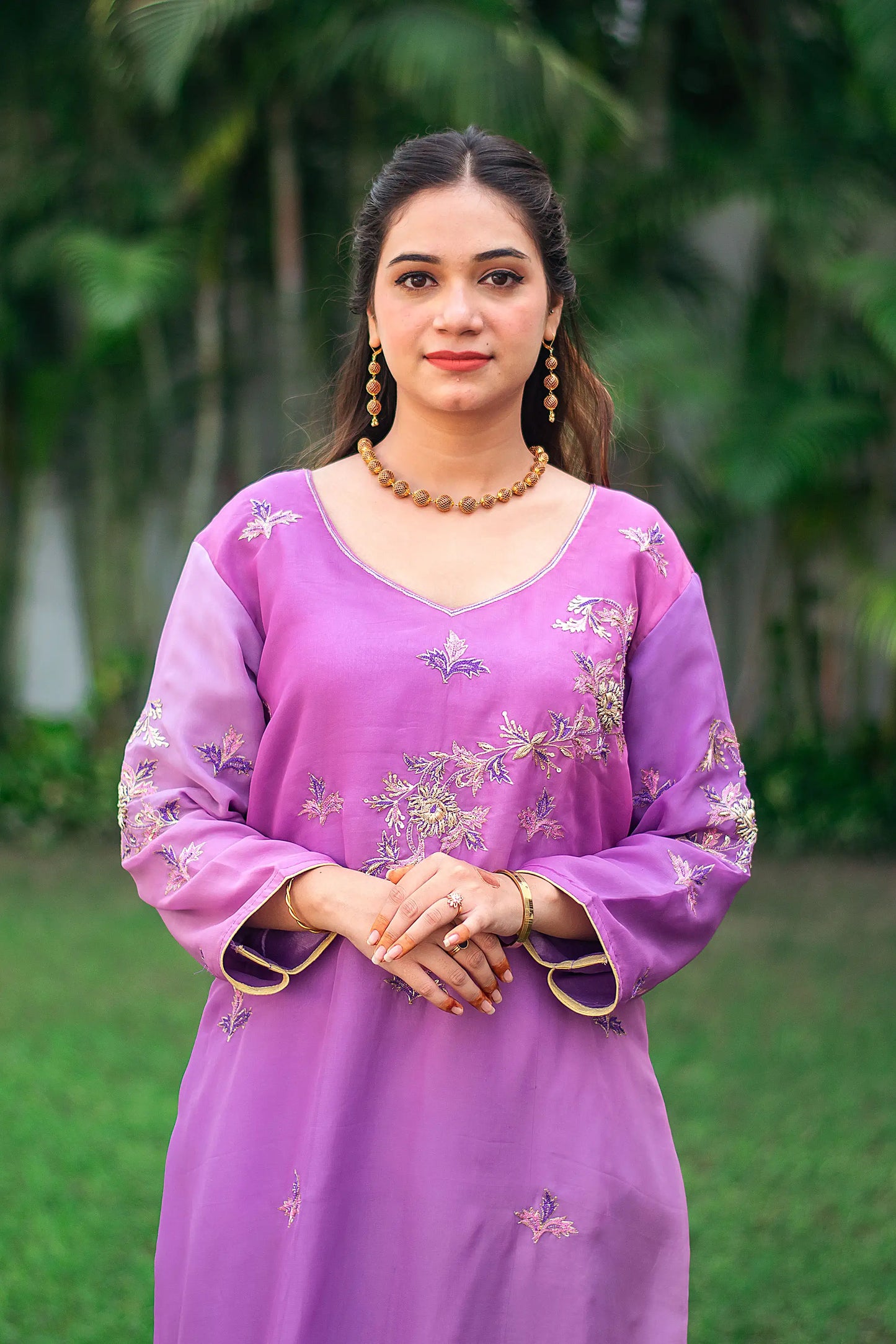 Purple ombre organza kurta, purple chiffon dupatta & golden trousers with zardozi work