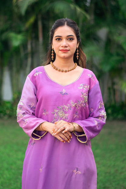 Purple ombre organza kurta, purple chiffon dupatta & golden trousers with zardozi work