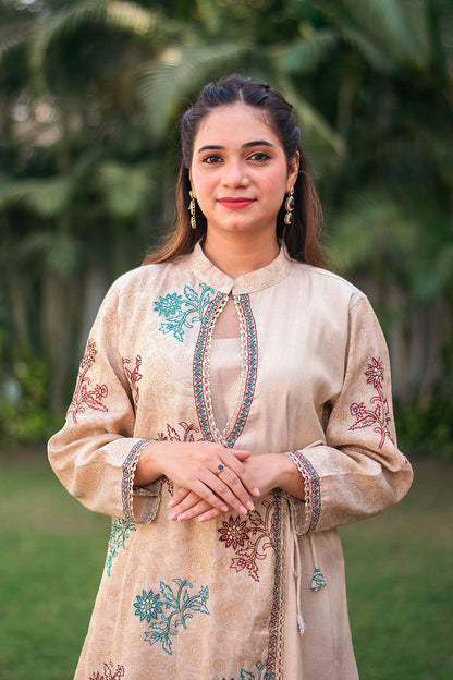 Beige angrakha kurta, palazzo and tissue dupatta with hand embroidery