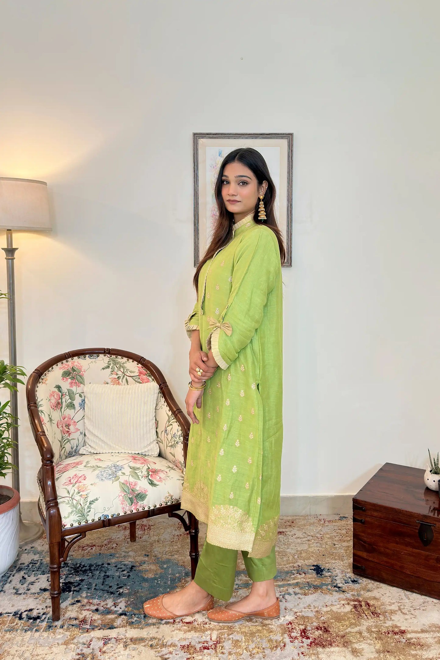 Green Zari Woven Linen Formal Wear Kurta Set