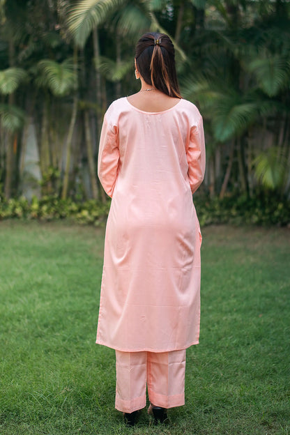 Pastel peach russian silk kurta & trousers, peach chanderi dupatta with cutwork