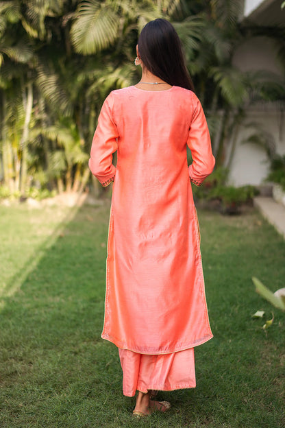 Peach chanderi zardozi work kurta and dupatta with peach palazzo