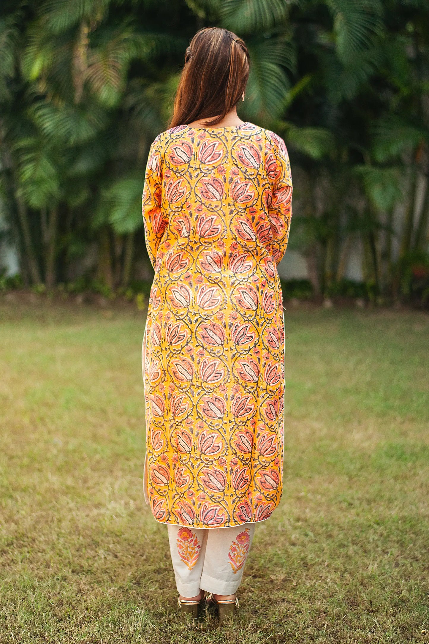 Yellow kalamkari print maheshwari applique work kalidar kurta with off white maheshwari dupatta and trousers