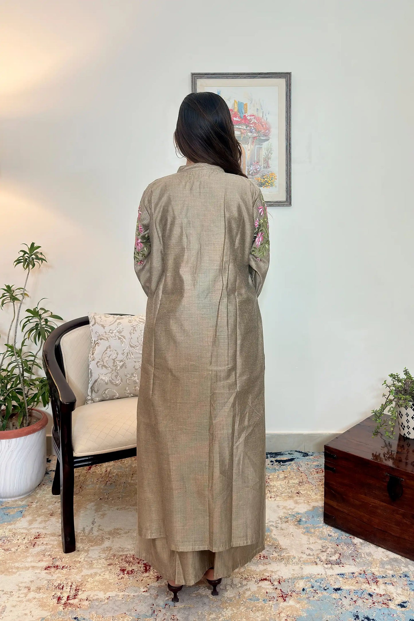 Taupe Chanderi Formal Wear Kurta Set with Resham Embroidery