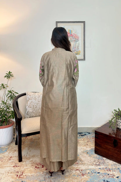 Taupe Chanderi Formal Wear Kurta Set with Resham Embroidery