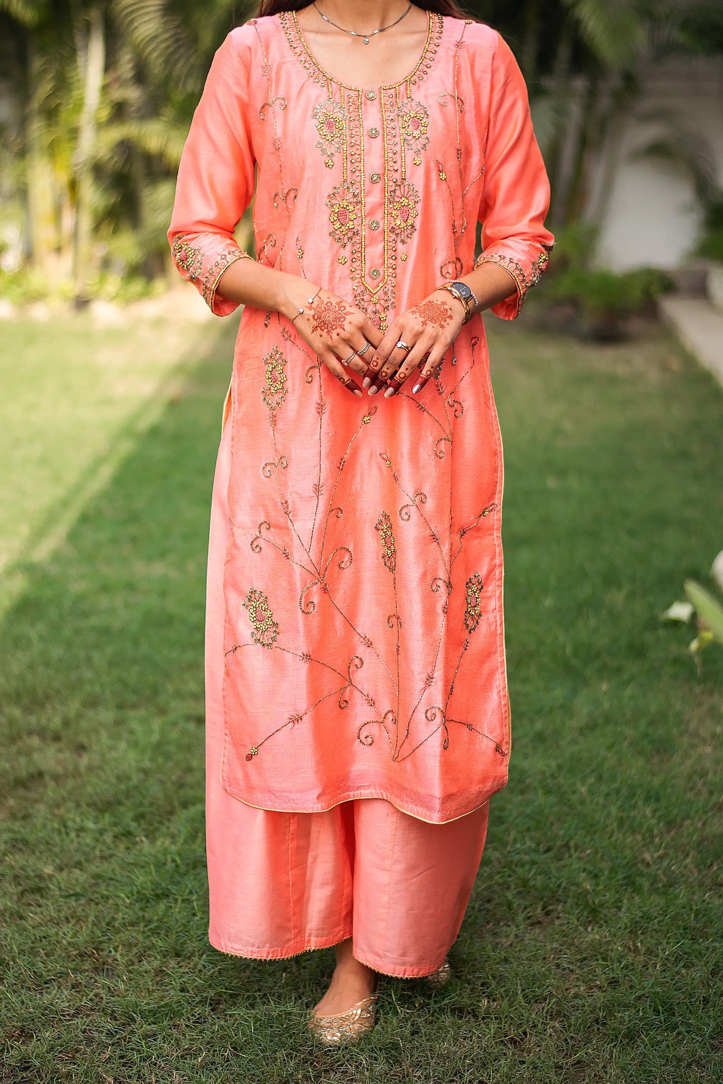 Peach chanderi zardozi work kurta and dupatta with peach palazzo