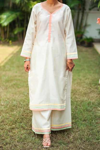 Off white chanderi patchwork kurta and dupatta with off white palazzo