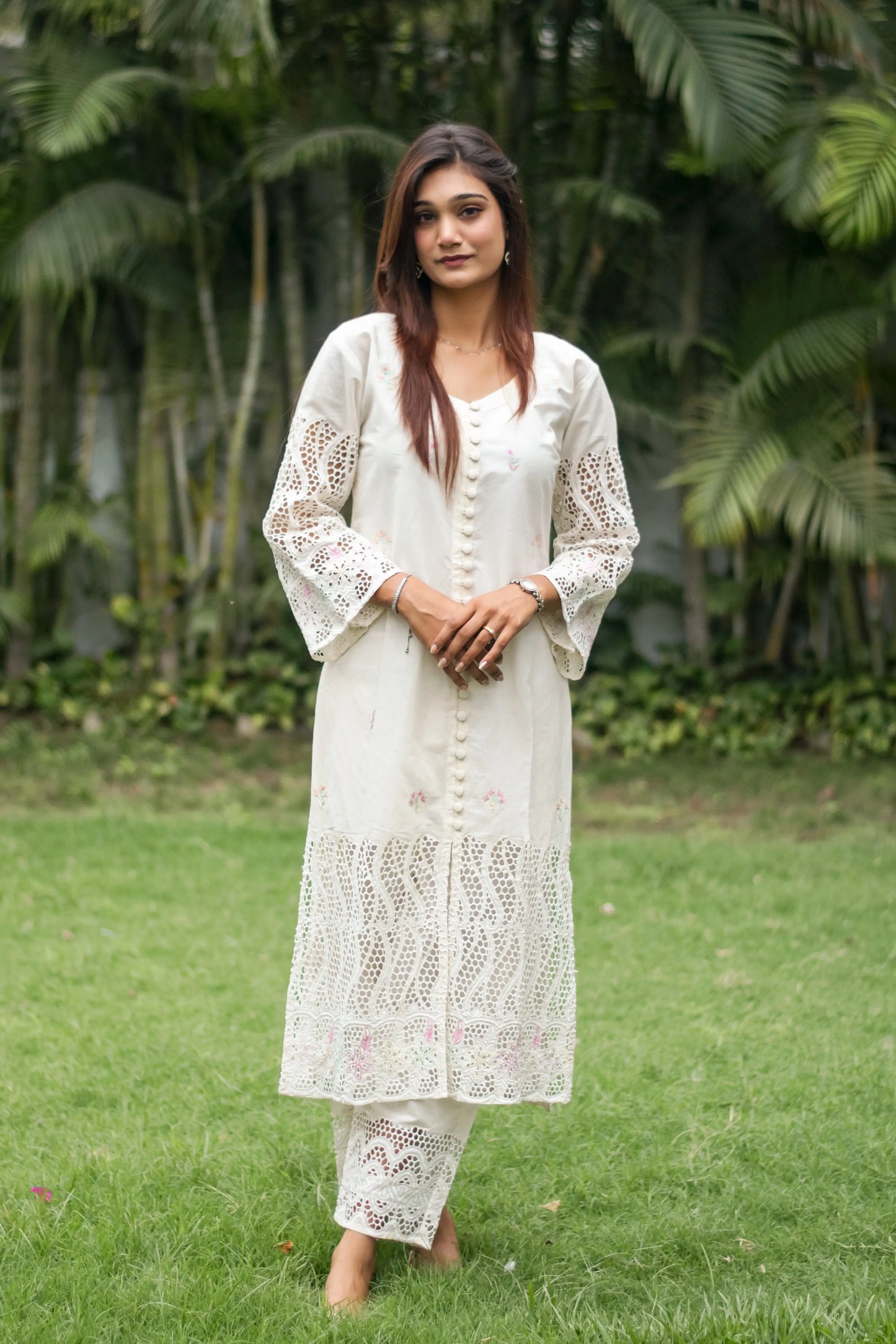 off-white cotton schiffli front-open kurti, dupatta with embroidery and off-white trousers
