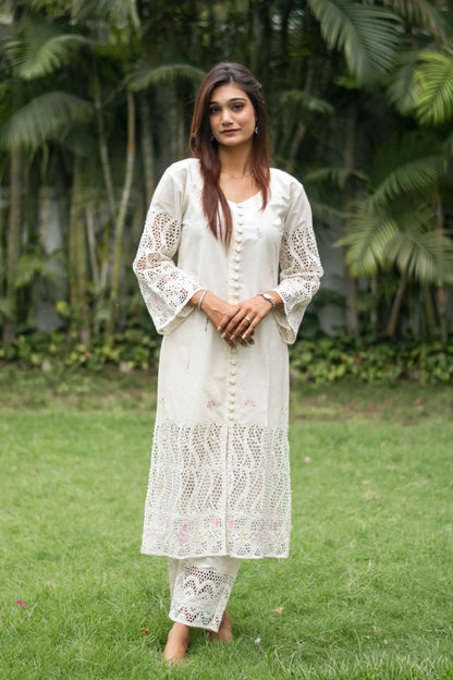 off-white cotton schiffli front-open kurti, dupatta with embroidery and off-white trousers